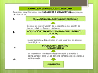 FORMACION DE UNA ROCA SEDIMENTARIA
Esta rocas están formadas por FRAGMENTOS O SEDIMEMENTOS procedentes
de otras rocas

1-                 FORMACIÓN DE FRAGMENTOS (METEORIZACIÓN)


             Consiste en la destrucción de rocas sólidas por acción de
             fuerzas químicas, físicas o biológicas

2-           MOVILIZACIÓN Y TRANSPORTE POR LOS AGENTES EXTERNOS.
                                (EROSION )


             son arrastrados y depositados en otro lugar por los agentes
              hidrológicos
                             DEPOSICION DEL SEDIMENTO
3-                               (SEDIMENTACION)

              los sedimentos son depositados en capas o estratos y
              compactados para luego darse la consolidación de la roca
              sedimentaria
4-

                                   DIAGENESIS
 