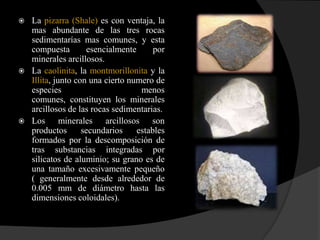   La pizarra (Shale) es con ventaja, la
    mas abundante de las tres rocas
    sedimentarías mas comunes, y esta
    compuesta        esencialmente      por
    minerales arcillosos.
   La caolinita, la montmorillonita y la
    Illita, junto con una cierto numero de
    especies                        menos
    comunes, constituyen los minerales
    arcillosos de las rocas sedimentarias.
   Los minerales arcillosos son
    productos       secundarios    estables
    formados por la descomposición de
    tras substancias integradas por
    silicatos de aluminio; su grano es de
    una tamaño excesivamente pequeño
    ( generalmente desde alrededor de
    0.005 mm de diámetro hasta las
    dimensiones coloidales).
 