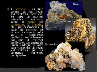 Ópalo

   El cemento        es muy
    común en las rocas
    sedimentarias detríticas.
    Se sabe de muchos
    minerales        comunes,
    como el ópalo, los                        Limonita
    carbonatos, la limonita,
    etc., que desempeñan el
    papel de cemento. El
    cemento es menos común
    en      los    sedimentos
    arcillosos, probablemente
    por que el material
    arcilloso es una agente de   Carbonatos
    unión uniforme y sirve
    para consolidar las rocas
    sedimentarias que no
    contienen        cementos
    precipitados.
 