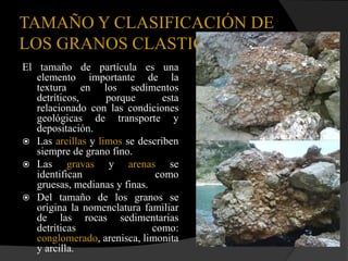 TAMAÑO Y CLASIFICACIÓN DE
LOS GRANOS CLASTICOS
El tamaño de partícula es una
   elemento importante de la
   textura en los sedimentos
   detríticos,     porque       esta
   relacionado con las condiciones
   geológicas de transporte y
   depositación.
 Las arcillas y limos se describen
   siempre de grano fino.
 Las      gravas y arenas se
   identifican                 como
   gruesas, medianas y finas.
 Del tamaño de los granos se
   origina la nomenclatura familiar
   de las rocas sedimentarias
   detríticas                 como:
   conglomerado, arenisca, limonita
   y arcilla.
 
