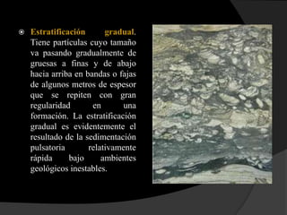    Estratificación       gradual.
    Tiene partículas cuyo tamaño
    va pasando gradualmente de
    gruesas a finas y de abajo
    hacia arriba en bandas o fajas
    de algunos metros de espesor
    que se repiten con gran
    regularidad       en       una
    formación. La estratificación
    gradual es evidentemente el
    resultado de la sedimentación
    pulsatoria       relativamente
    rápida     bajo      ambientes
    geológicos inestables.
 