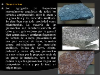  Grauwackas
 Son      agregados     de     fragmentos
  marcadamente angulosos de todos los
  tamaños comprendidos entre la arena y
  la grava fina y los minerales arcillosos.
  Se describen con toda propiedad como
  microbrechas. La mayoría de las
  grauwackas son característicamente de
  color gris o gris verdoso, por lo general
  bien cementadas, y contienen fragmentos
  del tamaño de la arena, provenientes de
  una gran variedad de rocas, la matriz
  consta principalmente de materiales
  arcillosos, óxidos de hierro, clorita,
  pedernal y micas. Algunas grauwackas
  se caracterizan por la preponderancia de
  un grupo de materiales, pero lo mas
  común es que las grauwackas tengan una
  composición mixta y por lo tanto un
  origen mixto.
 
