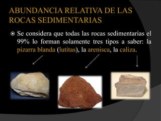ABUNDANCIA RELATIVA DE LAS
ROCAS SEDIMENTARIAS
   Se considera que todas las rocas sedimentarias el
    99% lo forman solamente tres tipos a saber: la
    pizarra blanda (lutitas), la arenisca, la caliza.
 