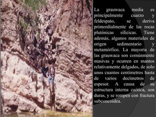   La     grauwaca      media    es
    principalmente       cuarzo    y
    feldespato,       se      deriva
    primordialmente de las rocas
    plutónicas silícicas. Tiene
    además, algunos materiales de
    origen       sedimentario      y
    metamórfico. La mayoría de
    las grauwaca son comúnmente
    masivas y ocurren en mantos
    relativamente delgados, de solo
    unos cuantos centímetros hasta
    de varios decímetros de
    espesor. A causa de su
    estructura interna caótica, son
    duras, y se rompen con fractura
    subconcoidea.
 