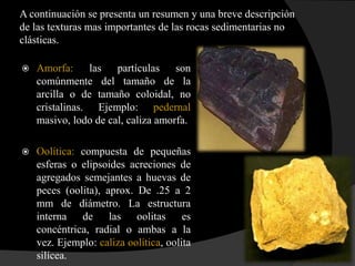 A continuación se presenta un resumen y una breve descripción
de las texturas mas importantes de las rocas sedimentarias no
clásticas.

   Amorfa: las partículas son
    comúnmente del tamaño de la
    arcilla o de tamaño coloidal, no
    cristalinas. Ejemplo: pedernal
    masivo, lodo de cal, caliza amorfa.

   Oolítica: compuesta de pequeñas
    esferas o elipsoides acreciones de
    agregados semejantes a huevas de
    peces (oolita), aprox. De .25 a 2
    mm de diámetro. La estructura
    interna de las oolitas es
    concéntrica, radial o ambas a la
    vez. Ejemplo: caliza oolítica, oolita
    silícea.
 