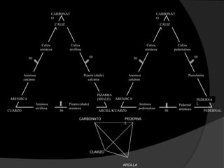 CARBONAT                                                                 CARBONAT
                             O                                                                        O
                               CALIZ                                                                   CALIZ
                               A                                                                       A



                     Caliza             Caliza                                               Caliza              Caliza
                    arenácea           arcillosa                                            arenácea           pedernalosa

            50                                           50                        50                                        50




         Arenisca                                  Pizarra (shale)            Arenisca                                  Porcelanita
         calcárea                                     calcárea                calcárea



                                                              PIZARRA
 ARENISCA                                                     (SHALE)   ARENISCA                                              PEDERNA
                 Arenisca              Pizarra (shale)                                  Arenisca                  Pedernal    L
                 arcillosa             arenácea                                         pedernalosa               arenáceo
CUARZO                           50                           ARCILLACUARZO                              50                       PEDERNAL

                                              CARBONATO                     PEDERNA
                                                                            L




                                                         CUARZO


                                                                           ARCILLA
 