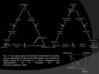 CARBONAT                                                               ARCILLA
                                O
                                     CALIZ                                                         PIZARRA
                                     A                                                             (SHALE)



                         Caliza                Caliza                                     Pizarra (shale)        Pizarra (shale)
                        arcillosa            pedernalosa                                     arenácea                silícea

              50                                           50                       50                                             50




          Pizarra (shale)                                                         Arenisca                                   Porcelanita
             calcárea                                                             arcillosa

                                                            PEDERNAL
   PIZARR                                                                                                                               PEDERNAL
      A                                                                  ARENISCA
  (SHALE)          Pizarra (shale)                                                        Arenisca                     Pedernal
                       silïcea                                                           pedernalosa                   arenáceo
ARCILLA                                50                       PEDERNAL CUARZO                             50                             PEDERNAL


                                                                                              CARBONATO                      PEDERNA
                                                                                                                             L
  Fig. 7.1 las cuatro caras del tetraedro fundamental. (al centro)
  para la clasificación de las rocas sedimentarias, se muestran en
  detalle. (según W. C. Krumbein y L. L. Sloss, “Stratigraphy and
  Sedimentation”,       W.       H.     Freeman       Co.,     san
  Francisco, California, 1955)
                                                                                                  CUARZO

                                                                                                                            ARCILLA
 