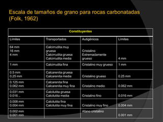 Escala de tamaños de grano para rocas carbonatadas
(Folk, 1962)

                                  Constituyentes

Límites       Transportados               Autigénicos             Límites

64 mm         Calcirrudita muy
16 mm         gruesa                      Cristalino
4 mm          Calcirrudita gruesa         Extremadamente
              Calcirrudita media          grueso                  4 mm
1 mm          Calcirrudita fina           Cristalino muy grueso   1 mm

0.5 mm        Calcarenita gruesa
0.25 mm       Calcarenita media           Cristalino grueso       0.25 mm
0.125 mm      Calcarenita fina
0.062 mm      Calcarenita muy fina        Cristalino medio        0.062 mm
0.031 mm      Calcilutita gruesa
0.016 ..      Calcilutita media           Cristalino fino         0.016 mm
0.008 mm      Calcilutita fina
0.004 mm      Calcilutita muy fina        Cristalino muy fino     0.004 mm
0.002 mm                                  Afano cristalino
0.001 mm                                                          0.001 mm
 