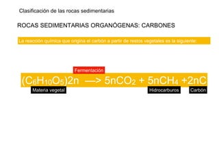 Clasificación de las rocas sedimentarias
ROCAS SEDIMENTARIAS ORGANÓGENAS: CARBONES
La reacción química que origina el carbón a partir de restos vegetales es la siguiente:
(C6H10O5)2n —> 5nCO2 + 5nCH4 +2nC
Fermentación
Materia vegetal Hidrocarburos Carbón
 