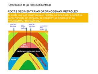 Clasificación de las rocas sedimentarias
ROCAS SEDIMENTARIAS ORGANÓGENAS: PETRÓLEO
Si existe una roca impermeable el petróleo no llega hasta la superficie,
conservándose sin completar su oxidación; se almacena en un
YACIMIENTO PETROLÍFERO.
 