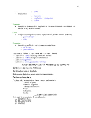 6
o
o
o
o

•

creta
travertino
estalactitas y estalagmitas
oolitas

no clásticas:

Dolomías
• inorgánicas, producto de la diagénesis de calizas y sedimentos carbonatados y la
adición de Mg. Bahías someras.
Chert
•

inorgánico o bioquímico, cuarzo criptocristalino, fondos marinos profundos
o pedernal negro
o jaspe

Evaporitas
• inorgánicas, ambientes marinos y cuencas desérticas
o sal de roca
o yeso, anhidrita
DEPOSITOS MINERALES EN ROCAS SEDIMENTARIAS
--- Depósitos de Fierro: silicatos y carbonatos marinos
--- Depósitos de Fósforo: márgenes continentales
--- Depósitos Evaporíticos
--- Depósitos de carbón, gas natural y petróleo
FACIES SEDIMENTARIAS Y AMBIENTES DE DEPOSITO
Condiciones de depósito Ambientes
Cambios laterales de depósito
Sedimentos distintivos y sus organismos asociados
Facies sedimentaria

Conjunto de características de un cuerpo sedimentario:
Tamaño de grano
Forma de los granos
Tipo de estratificación
Color
Estructuras
Fósiles
AMBIENTES DE DEPOSITO
Es el lugar de acumulación de los sedimentos
A. CONTINENTAL
B. TRANSICIONAL
C. MARINO

 