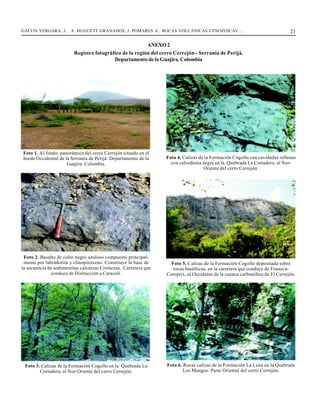 GALVIS VERGARA, J., A. HUGUETT GRANADOS, J. POMARES A.: ROCAS VOLCÁNICAS CENOZOICAS ...                                       21

                                                         ANEXO 2
                         Registro fotográfico de la región del cerro Cerrejón - Serranía de Perijá.
                                          Departamento de la Guajira, Colombia




Foto 1. Al fondo, panorámica del cerro Cerrejón situado en el
borde Occidental de la Serranía de Perijá. Departamento de la     Foto 4. Calizas de la Formación Cogollo con cavidades rellenas
                     Guajira. Colombia.                             con calcedonia negra en la Quebrada La Cortadera, al Nor-
                                                                                    Oriente del cerro Cerrejón.




 Foto 2. Basalto de color negro azuloso compuesto principal-
 mente por labradorita y clinopiroxeno. Constituye la base de       Foto 5. Calizas de la Formación Cogollo depositada sobre
la secuencia de sedimentitas calcáreas Cretáceas. Carretera que      rocas basálticas, en la carretera que conduce de Fonseca-
              conduce de Distracción a Caracolí.                  Cotoprix, al Occidente de la cuenca carbonífera de El Cerrejón.




 Foto 3. Calizas de la Formación Cogollo en la Quebrada La        Foto 6. Rocas calizas de la Formación La Luna en la Quebrada
        Cortadera, al Nor-Oriente del cerro Cerrejón.                     Los Mangos. Parte Oriental del cerro Cerrejón.
 