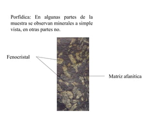 Porfídica: En algunas partes de la
 muestra se observan minerales a simple
 vista, en otras partes no.




Fenocristal


                                          Matriz afanitica
 