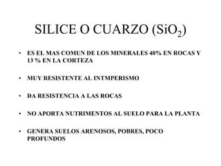 SILICE O CUARZO (SiO2)
• ES EL MAS COMUN DE LOS MINERALES 40% EN ROCAS Y
  13 % EN LA CORTEZA

• MUY RESISTENTE AL INTMPERISMO

• DA RESISTENCIA A LAS ROCAS

• NO APORTA NUTRIMENTOS AL SUELO PARA LA PLANTA

• GENERA SUELOS ARENOSOS, POBRES, POCO
  PROFUNDOS
 