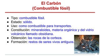 El Carbón
(Combustible fósil)
● Tipo: combustible fósil.
● Estado: sólido.
● Uso: como combustible para transportes.
● Constitución: mineraloides, materia orgánica y del vidrio
volcánico llamado obsidiana.
● Obtención: las rocas de la corteza.
● Formación: restos de seres vivos antiguos.
6
 