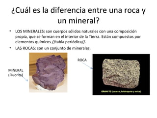 ¿Cuál es la diferencia entre una roca y
un mineral?
• LOS MINERALES: son cuerpos sólidos naturales con una composición
propia, que se forman en el interior de la Tierra. Están compuestos por
elementos químicos //tabla periódica//.
• LAS ROCAS: son un conjunto de minerales.
ROCA
MINERAL
(Fluorita)
 
