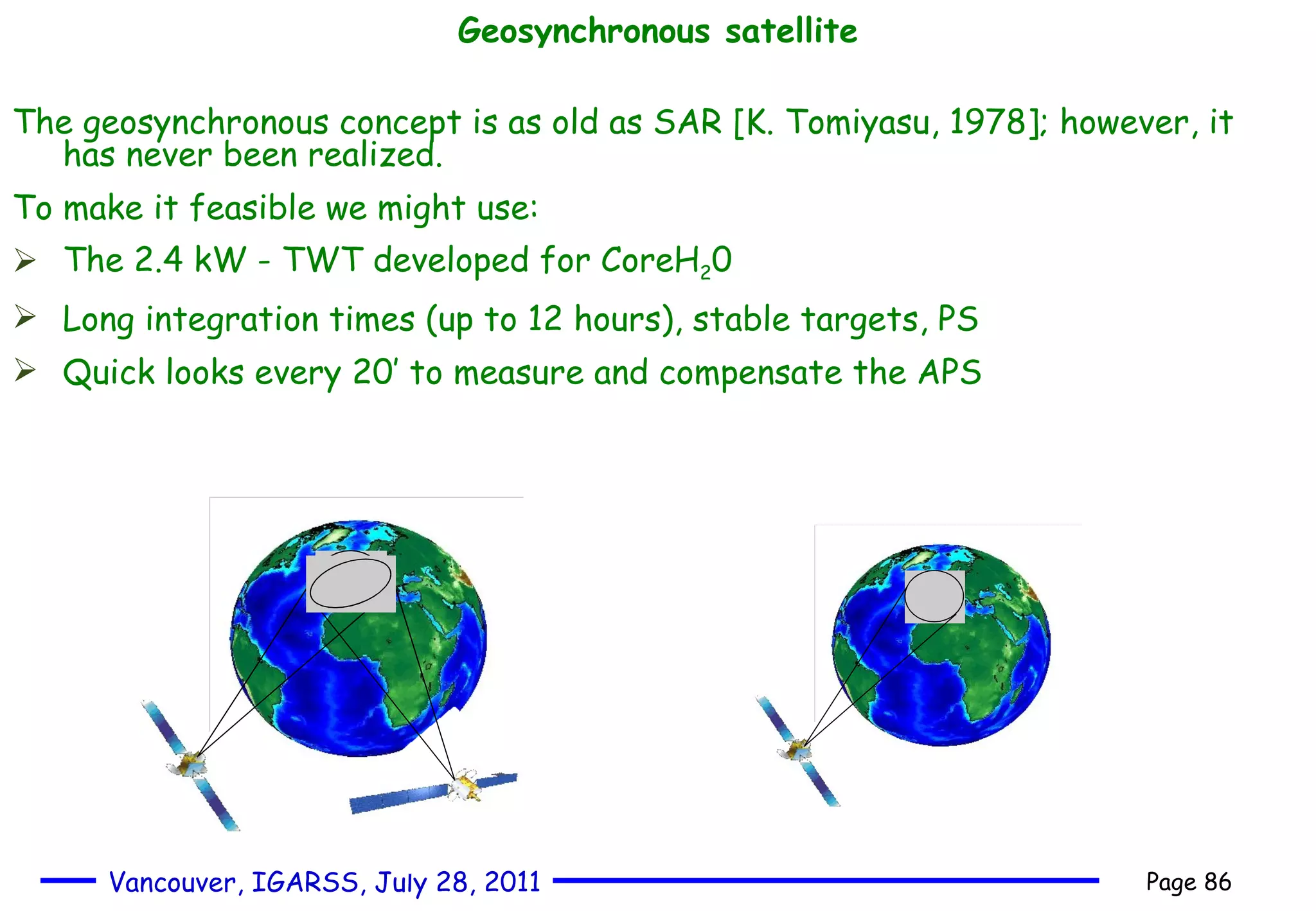 Geosynchronous satellite The geosynchronous concept is as old as SAR [ K.  Tomiyasu, 1978] ;  however, it has never been realized. To make it feasible we might use: The 2.4 kW - TWT developed for CoreH 2 0 Long integration times (up to 12 hours), stable targets, PS Quick looks every 20’ to measure and compensate the APS  