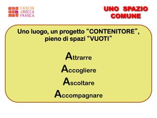 UNO SPAZIO
                           COMUNE

Uno luogo, un progetto “CONTENITORE”,
        pieno di spazi “VUOTI”


             Attrarre
            Accogliere
            Ascoltare
           Accompagnare
 