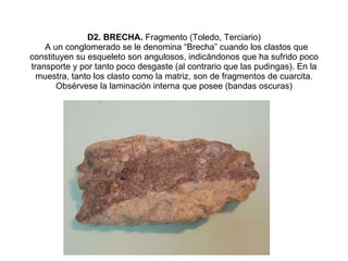 D2. BRECHA.  Fragmento (Toledo, Terciario)   A un conglomerado se le denomina “Brecha” cuando los clastos que constituyen su esqueleto son angulosos, indicándonos que ha sufrido poco transporte y por tanto poco desgaste (al contrario que las pudingas). En la muestra, tanto los clasto como la matriz, son de fragmentos de cuarcita. Obsérvese la laminación interna que posee (bandas oscuras) 