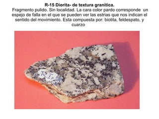 R-15 Diorita- de textura granítica.   Fragmento pulido. Sin localidad. La cara color pardo corresponde  un espejo de falla en el que se pueden ver las estrias que nos indican el sentido del movimiento. Esta compuesta por: biotita, feldespato, y cuarzo  