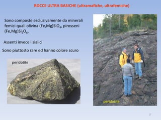 ROCCE ULTRA BASICHE (ultramafiche, ultrafemiche)


 Sono composte esclusivamente da minerali
 femici quali olivina (Fe,Mg)SiO4, pirosseni
 (Fe,Mg)Si2O6,

Assenti invece i sialici
Sono piuttosto rare ed hanno colore scuro

     peridotite




                                                    peridotite


                                                                     17
 