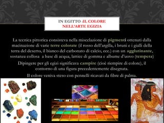 La tecnica pittorica consisteva nella miscelazione di pigmenti ottenuti dalla
macinazione di varie terre colorate (il rosso dell’argilla, i bruni e i gialli della
terra del deserto, il bianco del carbonato di calcio, ecc.) con un agglutinante,
sostanza collosa a base di acqua, lattice di gomma e albume d’uovo (tempera)
Dipingere per gli egizi significava campire (cioè riempire di colore), il
contorno di una figura precedentemente disegnata.
Il colore veniva steso con pennelli ricavati da fibre di palma.
IN EGITTO :IL COLORE
NELL’ARTE EGIZIA
 