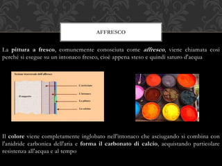 La pittura a fresco, comunemente conosciuta come affresco, viene chiamata così
perché si esegue su un intonaco fresco, cioè appena steso e quindi saturo d'acqua
Il colore viene completamente inglobato nell'intonaco che asciugando si combina con
l'anidride carbonica dell'aria e forma il carbonato di calcio, acquistando particolare
resistenza all'acqua e al tempo
AFFRESCO
 
