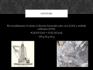 Per riscaldamento il calcare si dissocia formando calce viva (CaO) e anidride
carbonica (CO2).
•CaCO3 CaO + CO2 (42 kcal)
100 g 56 g 44 g
COTTURA
 