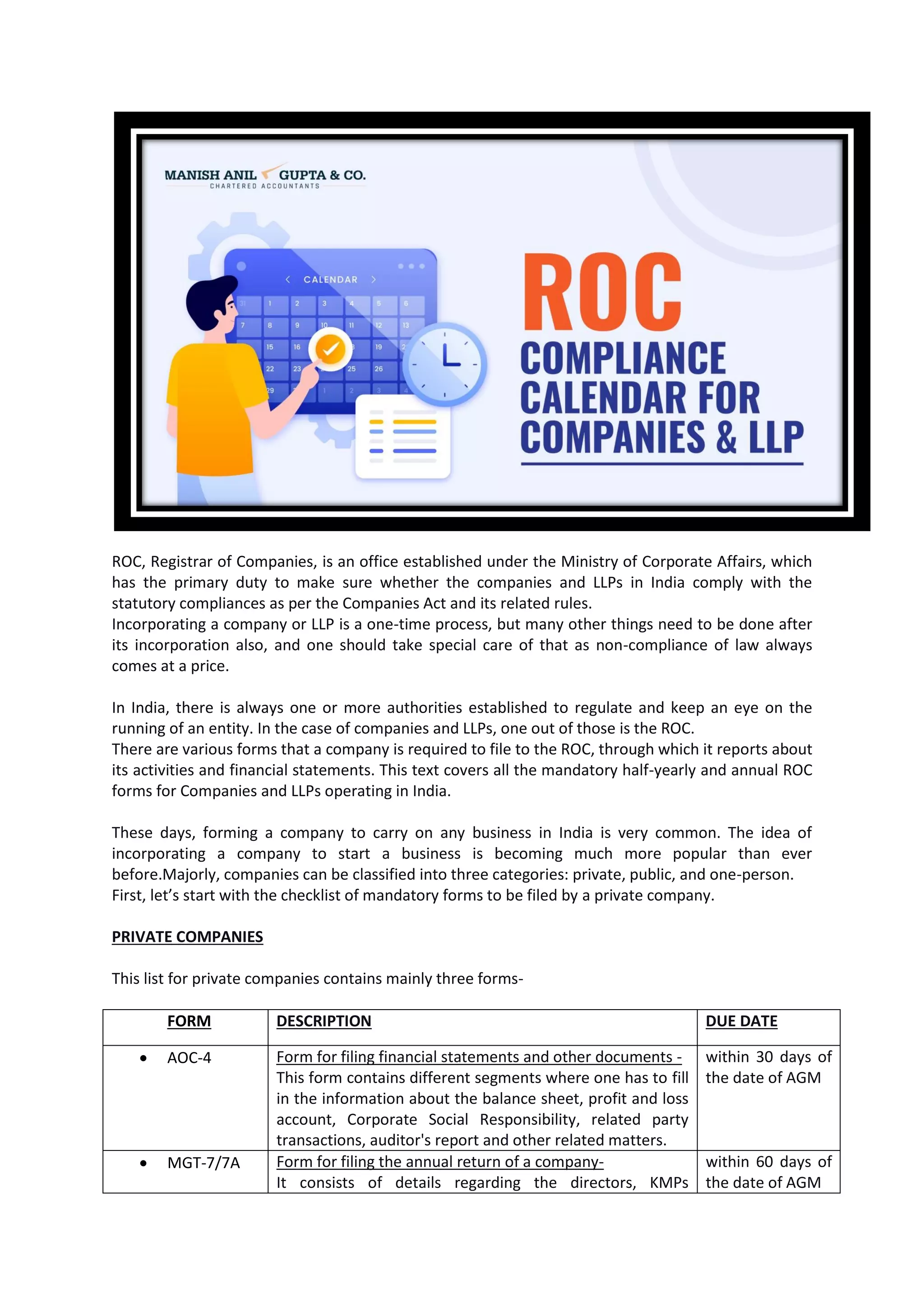 ROC COMPLIANCE CALENDAR FOR COMPANIES AND LLP PDF