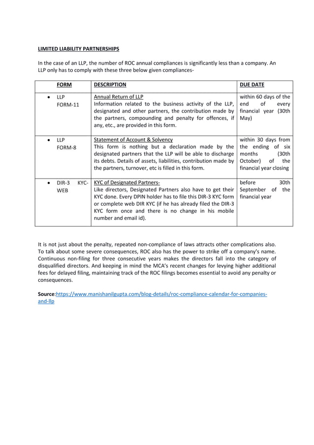 ROC COMPLIANCE CALENDAR FOR COMPANIES AND LLP PDF