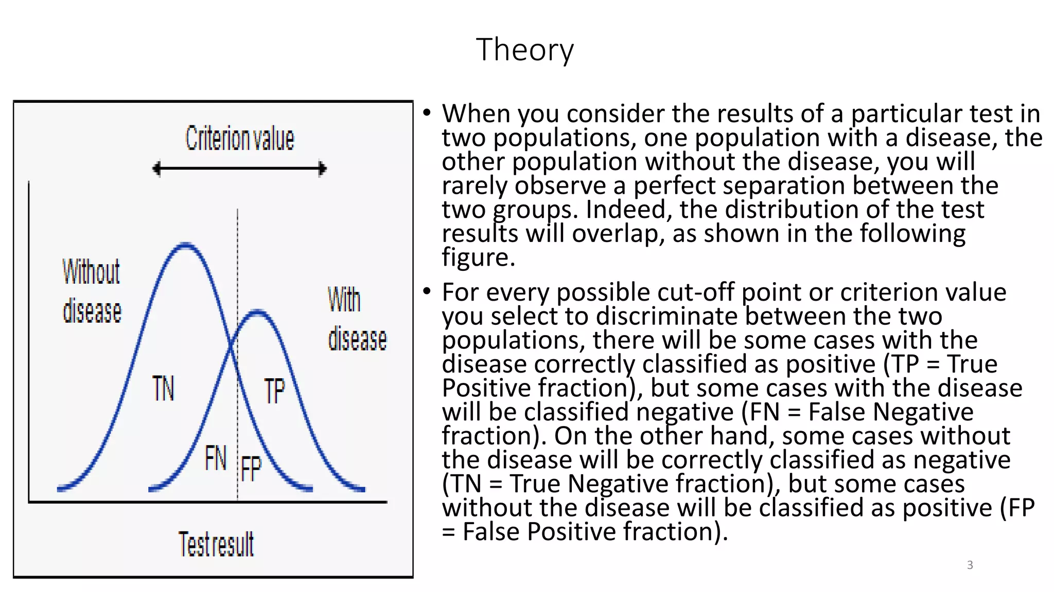 Theory
• When you consider the results of a particular test in
two populations, one population with a disease, the
other population without the disease, you will
rarely observe a perfect separation between the
two groups. Indeed, the distribution of the test
results will overlap, as shown in the following
figure.
• For every possible cut-off point or criterion value
you select to discriminate between the two
populations, there will be some cases with the
disease correctly classified as positive (TP = True
Positive fraction), but some cases with the disease
will be classified negative (FN = False Negative
fraction). On the other hand, some cases without
the disease will be correctly classified as negative
(TN = True Negative fraction), but some cases
without the disease will be classified as positive (FP
= False Positive fraction).
3
 