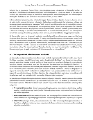 100
United States Special Operations Command Europe
union, a first in communist Europe. From a movement that started with a group of disgruntled workers in
one factory, Solidarity grew to approximately ten million members in a little over a year. In the years that
followed, the government reneged on parts of the labor agreement but Solidarity’s power and influence paved
the way for the first ever free elections in the communist bloc, in June 1989.183
F. Nonviolent movements have the potential to topple the most ruthless dictator. However, those in power
do not typically concede their power voluntarily. Rather, they must be made to feel heightened political and
economic costs to maintaining the status quo. While strategic nonviolent action has the potential to empower
previously disenfranchised, disempowered, and marginalized people, there is never a guarantee that a nonvio-
lent movement will succeed. Highly authoritarian regimes that are closed off from the global economy pose
a particular challenge to would-be nonviolent resisters. In such environments, the risks and consequences
for activists are high. Countless people have been arrested, tortured, and killed struggling nonviolently.
G. Burma (also known as Myanmar), under the control of a ruthless military junta, suppressed the basic
freedoms of the Burmese for four decades. A highly coordinated pro-democracy movement surged both
internally within Burma’s borders and externally through diaspora populations and sympathizers. Burmese
monks orchestrated a series of protests, demonstrations, and marches such as the 2007 Saffron Revolution.
However, the junta’s iron fist squashed dissident efforts and tortured and killed numerous leaders, despite
international outcry. Pro-democracy leader Aung San Suu Kyi was under house arrest for over 20 years. The
Burmese nonviolent struggle continued, with little success, for an extended time.184
B.2. A Compendium of Nonviolent Methods
A. Among the most prominent theorists of nonviolent methods of protest and revolution was Dr. Gene Sharp.
Dr. Sharp compiled a list of 198 nonviolent tactics (listed in table 2). Sharp’s key theme was that political
power is not derived from the intrinsic qualities of those in positions of authority. Rather, the power of states
is derived from the consent of the governed. The governed thus possess the moral and political authority to
refuse their consent. Essentially, leaders lack power without the consent of the governed, and since most states
retain a monopoly on the use of force, nonviolent resistance methods are ideal as a means for the populace to
impose its will on the state.185
Such methods can be effective when government forces may not know how to
cope with nonviolent resistance. Dr. Sharp theorized that police and soldiers are trained to meet force with
force but are much less psychologically prepared to fight nonviolent resistance.186
B. Nonviolent resistance can range from small, isolated challenges to specific laws to complete disregard for
governmental authority. In The Politics of Nonviolent Action, Part Two: The Methods of Nonviolent Action,
Gene Sharp identifies 198 methods of nonviolent action.187
He classifies the methods into the following three
categories:
1. Protest and Persuasion: formal statements, blogging, group presentations, distributing leaflets,
wearing symbols, drama and music, joining Facebook protest groups, processions, honoring the dead,
and public assemblies.
2. Noncooperation: social or economic boycotts, text messaging of information that is banned or cen-
sored, labor strikes, boycotting rigged elections, and refusing to recognize the legitimacy of a regime.
3. Intervention: hunger strikes, sit-downs in streets, live video streaming of an opponent’s abuse or
fraud from cell phones to internet sites, occupation of offices, seeking imprisonment, and overloading
administrative facilities.
 