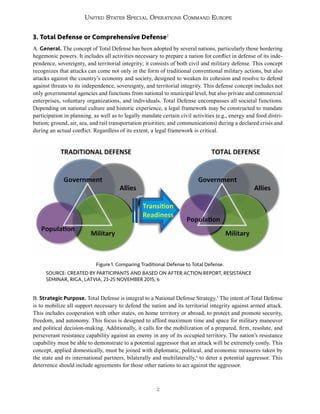 2
United States Special Operations Command Europe
3. Total Defense or Comprehensive Defense2
A. General. The concept of Total Defense has been adopted by several nations, particularly those bordering
hegemonic powers. It includes all activities necessary to prepare a nation for conflict in defense of its inde-
pendence, sovereignty, and territorial integrity; it consists of both civil and military defense. This concept
recognizes that attacks can come not only in the form of traditional conventional military actions, but also
attacks against the country’s economy and society, designed to weaken its cohesion and resolve to defend
against threats to its independence, sovereignty, and territorial integrity. This defense concept includes not
only governmental agencies and functions from national to municipal level, but also private and commercial
enterprises, voluntary organizations, and individuals. Total Defense encompasses all societal functions.
Depending on national culture and historic experience, a legal framework may be constructed to mandate
participation in planning, as well as to legally mandate certain civil activities (e.g., energy and food distri-
bution; ground, air, sea, and rail transportation priorities; and communications) during a declared crisis and
during an actual conflict. Regardless of its extent, a legal framework is critical.
B. Strategic Purpose. Total Defense is integral to a National Defense Strategy.3
The intent of Total Defense
is to mobilize all support necessary to defend the nation and its territorial integrity against armed attack.
This includes cooperation with other states, on home territory or abroad, to protect and promote security,
freedom, and autonomy. This focus is designed to afford maximum time and space for military maneuver
and political decision-making. Additionally, it calls for the mobilization of a prepared, firm, resolute, and
perseverant resistance capability against an enemy in any of its occupied territory. The nation’s resistance
capability must be able to demonstrate to a potential aggressor that an attack will be extremely costly. This
concept, applied domestically, must be joined with diplomatic, political, and economic measures taken by
the state and its international partners, bilaterally and multilaterally,4
to deter a potential aggressor. This
deterrence should include agreements for those other nations to act against the aggressor.
Figure 1. Comparing Traditional Defense to Total Defense.
SOURCE: CREATED BY PARTICIPANTS AND BASED ON AFTER ACTION REPORT, RESISTANCE
SEMINAR, RIGA, LATVIA, 23-25 NOVEMBER 2015, 6
 