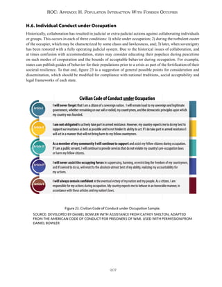 207
ROC: Appendix H. Population Interaction With Foreign Occupier
H.6. Individual Conduct under Occupation
Historically, collaboration has resulted in judicial or extra-judicial actions against collaborating individuals
or groups. This occurs in each of three conditions: 1) while under occupation; 2) during the turbulent ouster
of the occupier, which may be characterized by some chaos and lawlessness, and; 3) later, when sovereignty
has been restored with a fully operating judicial system. Due to the historical issues of collaboration, and
at times confusion with accommodation, states may consider educating their populace during peacetime
on such modes of cooperation and the bounds of acceptable behavior during occupation. For example,
states can publish guides of behavior for their populations prior to a crisis as part of the fortification of their
societal resilience. To that end, figure 23 is a suggestion of general possible points for consideration and
dissemination, which should be modified for compliance with national traditions, social acceptability and
legal frameworks of each state.
Figure 23. Civilian Code of Conduct under Occupation Sample.
SOURCE: DEVELOPED BY DANIEL BOWLER WITH ASSISTANCE FROM CATHEY SHELTON, ADAPTED
FROM THE AMERICAN CODE OF CONDUCT FOR PRISONERS OF WAR. USED WITH PERMISSION FROM
DANIEL BOWLER
 