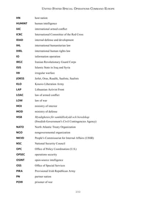 232
United States Special Operations Command Europe
HN		 host nation
HUMINT human intelligence
IAC		 international armed conflict
ICRC		 International Committee of the Red Cross
IDAD		 internal defense and development
IHL		 international humanitarian law
IHRL		 international human rights law
IO		 information operation
IRGC		 Iranian Revolutionary Guard Corps
ISIS		 Islamic State in Iraq and Syria
IW		 irregular warfare
JORSS		 Jerlet, Oras, Raadik, Saaliste, Saalists
KLO		 Kosovo Liberation Army
LAP 		 Lithuanian Activist Front
LOAC		 law of armed conflict
LOW		 law of war
MOI		 ministry of interior
MOD		 ministry of defense
MSB		 Myndigheten för samhällsskydd och beredskap
		 (Swedish Government’s Civil Contingencies Agency)
NATO		 North Atlantic Treaty Organization
NGO		 nongovernmental organization
NKVD		 People’s Commissariat for Internal Affairs (USSR)
NSC		 National Security Council
OPC		 Office of Policy Coordination (U.S.)
OPSEC		 operations security
OSINT		 open-source intelligence
OSS		 Office of Special Services
PIRA		 Provisional Irish Republican Army
PN		 partner nation
POW		 prisoner of war
 