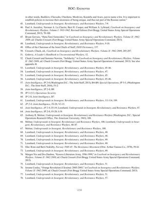 239
ROC: Endnotes
in other words, Bashkirs, Chuvashs, Chechens, Mordvins, Kazakhs and Avars, just to name a few. It is important to
establish policies to increase their awareness of being unique, and thus not part of the Russian nation.”
45. Leonhard, Undergrounds in Insurgent, Revolutionary, and Resistance Warfare, 7-9.
46. Paul A. Jureidini, Norman A. La Charite, Bert H. Cooper, and William A. Lybrand, Casebook on Insurgency and
Revolutionary Warfare, Volume I: 1933-1962, Revised Edition (Fort Bragg: United States Army Special Operations
Command, 2013), 70-100.
47. Bryan Gervais, “Hutu-Tutsi Genocides,” in Casebook on Insurgency and Revolutionary Warfare, Volume II: 1962-
2009, ed. Charles Crossett (Fort Bragg: United States Army Special Operations Command, 2013).
48. Leonhard, Undergrounds in Insurgent, Revolutionary, and Resistance Warfare, 9-10.
49. Office of the Chairman of the Joint Chiefs of Staff, DOD Dictionary, 157.
50. Crossett, Chuck, ed., Casebook on Insurgency and Revolutionary Warfare, Volume II: 1962-2009, 285-287.
51. Grdovic, A Leader’s Handbook to Unconventional Warfare, 12.
52. Chuck Crossett and Summer Newton, “Solidarity,” in Casebook on Insurgency and Revolutionary Warfare, Volume
II: 1962-2009, ed. Chuck Crossett (Fort Bragg: United States Army Special Operations Command, 2013). See also
appendix B.
53. Leonhard, Undergrounds in Insurgent, Revolutionary, and Resistance Warfare, 45-46.
54. Leonhard, Undergrounds in Insurgent, Revolutionary, and Resistance Warfare, 47.
55. Leonhard, Undergrounds in Insurgent, Revolutionary, and Resistance Warfare, 45.
56. Leonhard, Undergrounds in Insurgent, Revolutionary, and Resistance Warfare, 45-46.
57. Joint Intelligence, JP 2-0 (Washington D.C.: The Joint Staff, 2013), B4-B9; Special Operations, JP 3-5, (Washington
D.C.: The Joint Staff, 2014), IV-2.
58. Joint Intelligence, JP 2-0, B9.
59. JP 3-13.3, Operations Security.
60. JP 2-0, Joint Intelligence, B7.
61. Leonhard, Undergrounds in Insurgent, Revolutionary, and Resistance Warfare, 111-114, 189.
62. JP 2-0, Joint Intelligence, IV-20, V1-13.
63. Joint Intelligence, JP 2-0, IV-19; Leonhard, Undergrounds in Insurgent, Revolutionary, and Resistance Warfare, 47.
64. Joint Intelligence, JP 2-0, IV-20, I-19.
65. Anthony R. Molnar, Undergrounds in Insurgent, Revolutionary and Resistance Warfare (Washington, D.C.: Special
Operations Research Office, The American University, 1963), 108.
66. Molnar, Undergrounds in Insurgent, Revolutionary and Resistance Warfare, 108; Leonhard, Undergrounds in Insur-
gent, Revolutionary, and Resistance Warfare, 46-47.
67. Molnar, Undergrounds in Insurgent, Revolutionary and Resistance Warfare, 108.
68. Leonhard, Undergrounds in Insurgent, Revolutionary, and Resistance Warfare, 48.
69. Leonhard, Undergrounds in Insurgent, Revolutionary, and Resistance Warfare, 48.
70. Leonhard, Undergrounds in Insurgent, Revolutionary, and Resistance Warfare, 49.
71. Leonhard, Undergrounds in Insurgent, Revolutionary, and Resistance Warfare, 49.
72. Olav Riste and Berit Nokleby, Norway 1940-45: The Resistance Movement (Otta: Arthur Vanous Co., 1970), 59-61.
73. Leonhard, Undergrounds in Insurgent, Revolutionary, and Resistance Warfare, 49.
74. Margen Nix and Dru Daubon, “Kosovo Liberation Army, 1996-1999,” in Casebook on Insurgency and Revolutionary
Warfare, Volume II: 1962-2009, ed. Chuck Crossett (Fort Bragg: United States Army Special Operations Command,
2013).
75. Leonhard, Undergrounds in Insurgent, Revolutionary, and Resistance Warfare, 51.
76. Jerome Conley, “Orange Revolution (Ukraine): 2005-2005,” in Casebook on Insurgency and Revolutionary Warfare,
Volume II: 1962-2009, ed. Chuck Crossett (Fort Bragg: United States Army Special Operations Command, 2013).
77. Leonhard, Undergrounds in Insurgent, Revolutionary, and Resistance Warfare, 51.
78. Leonhard, Undergrounds in Insurgent, Revolutionary, and Resistance Warfare, 57.
 