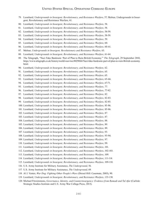 240
United States Special Operations Command Europe
79. Leonhard, Undergrounds in Insurgent, Revolutionary, and Resistance Warfare, 57; Molnar, Undergrounds in Insur-
gent, Revolutionary and Resistance Warfare, 61.
80. Leonhard, Undergrounds in Insurgent, Revolutionary, and Resistance Warfare, 58.
81. Leonhard, Undergrounds in Insurgent, Revolutionary, and Resistance Warfare, 58.
82. Leonhard, Undergrounds in Insurgent, Revolutionary, and Resistance Warfare, 58-59.
83. Leonhard, Undergrounds in Insurgent, Revolutionary, and Resistance Warfare, 58-59.
84. Leonhard, Undergrounds in Insurgent, Revolutionary, and Resistance Warfare, 59.
85. Leonhard, Undergrounds in Insurgent, Revolutionary, and Resistance Warfare, 60.
86. Leonhard, Undergrounds in Insurgent, Revolutionary, and Resistance Warfare, 60-61.
87. Molnar, Undergrounds in Insurgent, Revolutionary and Resistance Warfare, 63.
88. Leonhard, Undergrounds in Insurgent, Revolutionary, and Resistance Warfare, 61-64.
89. The Telegraph, “Nazi Fake Banknote ‘Part of Plan to Ruin British Economy,’” The Telegraph, 29 September 2010,
https://www.telegraph.co.uk/history/world-war-two/8029844/Nazi-fake-banknote-part-of-plan-to-ruin-British-economy.
html.
90. Leonhard, Undergrounds in Insurgent, Revolutionary, and Resistance Warfare, 62.
91. Leonhard, Undergrounds in Insurgent, Revolutionary, and Resistance Warfare, 65.
92. Leonhard, Undergrounds in Insurgent, Revolutionary, and Resistance Warfare, 65.
93. Leonhard, Undergrounds in Insurgent, Revolutionary, and Resistance Warfare, 65-66.
94. Leonhard, Undergrounds in Insurgent, Revolutionary, and Resistance Warfare, 67-71.
95. Leonhard, Undergrounds in Insurgent, Revolutionary, and Resistance Warfare, 77.
96. Leonhard, Undergrounds in Insurgent, Revolutionary, and Resistance Warfare, 77-82.
97. Leonhard, Undergrounds in Insurgent, Revolutionary, and Resistance Warfare, 82.
98. Leonhard, Undergrounds in Insurgent, Revolutionary, and Resistance Warfare, 82-83.
99. Leonhard, Undergrounds in Insurgent, Revolutionary, and Resistance Warfare, 82-85.
100. Leonhard, Undergrounds in Insurgent, Revolutionary, and Resistance Warfare, 85-86.
101. Leonhard, Undergrounds in Insurgent, Revolutionary, and Resistance Warfare, 85-86.
102. Leonhard, Undergrounds in Insurgent, Revolutionary, and Resistance Warfare, 87.
103. Leonhard, Undergrounds in Insurgent, Revolutionary, and Resistance Warfare, 87.
104. Leonhard, Undergrounds in Insurgent, Revolutionary, and Resistance Warfare, 88.
105. Leonhard, Undergrounds in Insurgent, Revolutionary, and Resistance Warfare, 89.
106. Leonhard, Undergrounds in Insurgent, Revolutionary, and Resistance Warfare, 89.
107. Leonhard, Undergrounds in Insurgent, Revolutionary, and Resistance Warfare, 93.
108. Leonhard, Undergrounds in Insurgent, Revolutionary, and Resistance Warfare, 93-94.
109. Leonhard, Undergrounds in Insurgent, Revolutionary, and Resistance Warfare, 97.
110. Leonhard, Undergrounds in Insurgent, Revolutionary, and Resistance Warfare, 99.
111. Leonhard, Undergrounds in Insurgent, Revolutionary, and Resistance Warfare, 101.
112. Leonhard, Undergrounds in Insurgent, Revolutionary, and Resistance Warfare, 102-103.
113. Leonhard, Undergrounds in Insurgent, Revolutionary, and Resistance Warfare, 109.
114. Leonhard, Undergrounds in Insurgent, Revolutionary, and Resistance Warfare, 111-114.
115. Leonhard, Undergrounds in Insurgent, Revolutionary, and Resistance Warfare, 109-110.
116. U.S. Army Institute for Military Assistance, The Underground, 56.
117. U.S. Army Institute for Military Assistance, The Underground, 69.
118. Al J. Venter, War Dog: Fighting Other People’s Wars (Drexel Hill: Casemate, 2003), 90.
119. Leonhard, Undergrounds in Insurgent, Revolutionary, and Resistance Warfare, 133-138.
120. Michael Fitzsimmons, Governance, Identity, and Counterinsurgency: Evidence from Ramadi and Tal Afar (Carlisle:
Strategic Studies Institute and U.S. Army War College Press, 2013).
 
