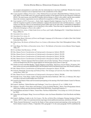 244
United States Special Operations Command Europe
the occupant and population to each other after the relationship has in fact been established. Whether the invasion
was lawful or criminal is not an important factor in the consideration of this subject.”
180. A case on point is Military Prosecutor v. Omar Mahmud Kassem and others (Ramallah Military Tribunal, Case No.
6/49, 1969): At trial, POW status was refused captured members of the Popular Front for the Liberation of Palestine
(PFLP). The main reasons were that PFLP members did not belong to a Party to the conflict, and the mere member-
ship in the resistance organization was not sufficient for recognition as POWs according to the GC III.
181. Case in point is: ICTY, Prosecutor v. Dusko Tadić, Appeals Chamber Judgement, Case No. IT-94-1-A, 1999: “In
order for irregulars to qualify as lawful combatants, it appears that international rules and State practice (…) require
control over them by a Party to an international armed conflict and, by the same token, a relationship of dependence
and allegiance of these irregulars vis-à-vis that Party to the conflict. These then may be regarded as the ingredients
of the term belonging to a Party to the conflict.”
182. Nonviolent Civic Action, A Study Guide Series on Peace and Conflict (Washington D.C.: United States Institute of
Peace, 2009), 8-9.
183. Nonviolent Civic Action, 13.
184. Nonviolent Civic Action, 14.
185. Gene Sharp, Sharp’s Dictionary of Power and Struggle: Language of Civil Resistance in Conflicts (New York: Oxford
University Press, 2011).
186. Feliks Gross, The Seizure of Political Power in a Century of Revolutions (New York: Philosophical Library, 1958),
51.
187. Gene Sharp, The Politics of Nonviolent Action, Part 2: The Methods of Nonviolent Action (Boston: Porter Sargent,
1980), 357.
188. H. von Dach, Total Resistance, 127-140.
189. Bos, Human Factors Considerations of Undergrounds in Insurgencies 2nd ed., 290-293.
190. Bos, Human Factors Considerations of Undergrounds in Insurgencies 2nd ed., 293-295.
191. Bos, Human Factors Considerations of Undergrounds in Insurgencies 2nd ed., 295-296.
192. Bos, Human Factors Considerations of Undergrounds in Insurgencies 2nd ed., 296-297.
193. Mike Elkin, “Tunisia’s Internet Chief Gives Inside Look at Cyber Uprising,” Wired, 28 January 2011, http://www.
wired.com/dangerroom/2011/01/as-egypt-tightens-its-internet-grip-tunisia-seeks-to-open-up/.
194. Charles Levinson and Matt Bradley, “Egypt’s Regime on the Brink,” Wall Street Journal Online, 29 January 2011,
http://online.wsj.com/article/SB10001424052748703956604576109323492986438.html?mod=WSJ World LeadStory.
195. Bos, Human Factors Considerations of Undergrounds in Insurgencies 2nd ed., 297-299.
196. Ernest K. Bramstedt, Dictatorship and Political Police: The Technique of Control by Fear (New York: Oxford Uni-
versity Press, 1945), 210.
197. Bos, Human Factors Considerations of Undergrounds in Insurgencies 2nd ed., 299-300.
198. Ruaridh Arrow, “Gene Sharp: Author of the Nonviolent Revolution Rulebook,” BBC News, 21 February 2011, http://
www.bbc.co.uk/news/world-middle-east-125228-48.
199. Issued by the Heads of State and Government participating in the meeting of the North Atlantic Council in Warsaw,
8-9 July 2016.
200. Frank G. Hoffman, “Hybrid Warfare and Challenges,” Joint Forces Quarterly 52, no. 1 (2009): 34-39.
201. William J. Nemeth, “Future Wars and Chechnya: A Case for Hybrid Warfare,” (thesis, Naval Postgraduate School,
2002), http://calhoun.nps.edu/bitstream/handle/10945/5865/02Jun_Nemeth.pdf?sequence=1.
202. Frank Hoffman and James N. Mattis, “Future Wars: The Rise of Hybrid Wars,” Proceedings vol. 131/II/1,233 (Novem-
ber 2005).
203. Liang, Qiao and Xiangsui, Wang, Unrestricted Warfare, trans. Ian Strauss (Brattleboro: Echo Point Books and Media,
2015).
204. Frank G. Hoffman, Conflict in the 21st Century: The Rise of Hybrid Wars (Arlington: Potomac Institute of Policy
Studies, 2007): 8. http://www.potomacinstitute.org/images/stories/publications/potomac_hybridwar_0108.pdf.
205. “Wales Summit Declaration” issued by the Heads of State and government participating in the meeting of the
North Atlantic Council in Wales, 5 September 2014, paragraph 13. In the same paragraph, NATO established the
 