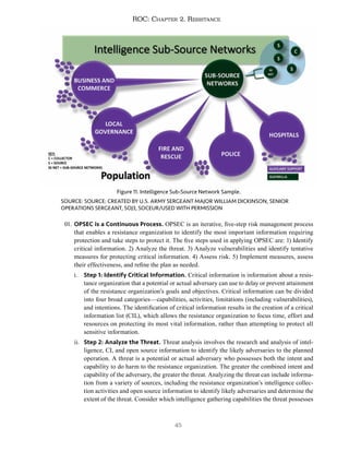 45
ROC: Chapter 2. Resistance
01. OPSEC is a Continuous Process. OPSEC is an iterative, five-step risk management process
that enables a resistance organization to identify the most important information requiring
protection and take steps to protect it. The five steps used in applying OPSEC are: 1) Identify
critical information. 2) Analyze the threat. 3) Analyze vulnerabilities and identify tentative
measures for protecting critical information. 4) Assess risk. 5) Implement measures, assess
their effectiveness, and refine the plan as needed.
i. Step 1: Identify Critical Information. Critical information is information about a resis-
tance organization that a potential or actual adversary can use to delay or prevent attainment
of the resistance organization’s goals and objectives. Critical information can be divided
into four broad categories—capabilities, activities, limitations (including vulnerabilities),
and intentions. The identification of critical information results in the creation of a critical
information list (CIL), which allows the resistance organization to focus time, effort and
resources on protecting its most vital information, rather than attempting to protect all
sensitive information.
ii. Step 2: Analyze the Threat. Threat analysis involves the research and analysis of intel-
ligence, CI, and open source information to identify the likely adversaries to the planned
operation. A threat is a potential or actual adversary who possesses both the intent and
capability to do harm to the resistance organization. The greater the combined intent and
capability of the adversary, the greater the threat. Analyzing the threat can include informa-
tion from a variety of sources, including the resistance organization’s intelligence collec-
tion activities and open source information to identify likely adversaries and determine the
extent of the threat. Consider which intelligence gathering capabilities the threat possesses
Figure 11. Intelligence Sub-Source Network Sample.
SOURCE: SOURCE: CREATED BY U.S. ARMY SERGEANT MAJOR WILLIAM DICKINSON, SENIOR
OPERATIONS SERGEANT, SOJ3, SOCEUR/USED WITH PERMISSION
 