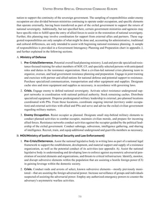 76
United States Special Operations Command Europe
nation to support the continuity of the sovereign government. The sampling of responsibilities under enemy
occupation are also divided between ministries continuing to operate under occupation, and specific elements
that operate externally, having been transferred as part of the exiled government to support the return of
national sovereignty. Additionally, but not specified here, certain government ministries and agencies may
have specific roles to fulfill upon the entry of allied forces to assist in the restoration of national sovereignty.
Further, this planning may involve coordination for support from external allies and partners. These sug-
gested responsibilities are only samples of what might be done and, accounting for administrative, traditional
and cultural differences, are only intended to assist with beginning national resistance planning. A sample
of responsibilities is provided in a Government Interagency Planning and Preparation chart in appendix J,
and further explained in the following sections.
A. Ministry of Defense
1. Pre-Crisis/Deterrence. Potential overall lead planning ministry. Lead and provide specialized resis-
tance-focused training for select members of SOF, CF, and specially selected persons with anticipated
roles and duties in the resistance organization. Host a civilian-led national crisis planning team to
organize, oversee, and lead government resistance planning and preparation. Engage in joint training
and exercises with partner and allied nations for national defense and potential support to resistance.
Purchase specialized communication, transportation and other equipment and supplies. Designate
cache sites and store equipment and supplies as necessary, in accordance with governing laws.
2. Crisis. Engage enemy to defend national sovereignty. Activate select resistance underground sup-
port networks in coordination with national political authority. Stock remaining caches. Distribute
specialized equipment. Disperse predesignated military leadership to external, pre-planned locations
coordinated with PNs. From those locations, coordinate ongoing internal (territory under occupa-
tion) and external activities with allied and PNs and serve and advise the exiled civilian government
regarding military matters.
3. Enemy Occupation. Resist occupier as planned. Designate small stay-behind military elements to
conduct planned activities to combat occupier, maintain civilian morale, and prepare for incoming
allied forces. Resistance networks conduct activities against the occupier guided by the political lead-
ership of the exiled government. Conduct sabotage, subversion, intelligence gathering, and sharing
of intelligence. Recruit, train, and equip additional underground and guerrilla members as necessary.
B. MOI/Ministry of Justice (Internal Security and Law Enforcement)
1. Pre-Crisis/Deterrence. Assist the national legislative body in writing laws as part of a national legal
framework to support the establishment, development, and material support and supply of a resistance
organization, as well as the potential conduct of its activities (see appendix A). Assist the national
legislative body in understanding and developing laws to enforce against asymmetric adversarial pen-
etration of societal elements and organizations, and threats to critical infrastructure. Identify, monitor,
and disrupt subversive elements within the population that are assisting a hostile foreign power (CI)
in gaining leverage within the domestic society.
2. Crisis. Conduct raids and arrests of select, known subversive elements—mostly previously moni-
tored—that are assisting the foreign adversarial power. Increase surveillance of groups and individuals
suspected of assisting the adversarial power. Employ any authorized emergency powers to counter the
adversary’s asymmetric warfare activities.
 