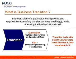 What is Business Transition ?
     It consists of planning & implementing the actions
required to successfully transfer business wealth both while
                   operating the business & upon exit


                     Succession –
                 Replacing the owner as
                  an Operating Officer      Transition deals with
 Transition                                 both the owner’s role
                        Exit –             in the business & their
                 Transferring ownership        investment in it.
                     of the business




                           2
 