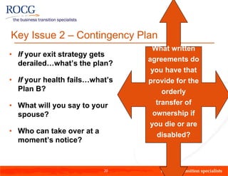 Key Issue 2 – Contingency Plan
                                 What written
• If your exit strategy gets
                                agreements do
  derailed…what’s the plan?
                                you have that
• If your health fails…what’s   provide for the
  Plan B?                           orderly
• What will you say to your       transfer of
  spouse?                        ownership if
                                you die or are
• Who can take over at a          disabled?
  moment’s notice?


                           20
 