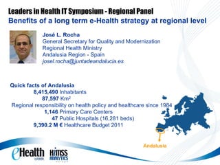 Leaders in Health IT Symposium - Regional Panel
Benefits of a long term e-Health strategy at regional level
             José L. Rocha
             General Secretary for Quality and Modernization
             Regional Health Ministry
             Andalusia Region - Spain
             josel.rocha@juntadeandalucia.es



Quick facts of Andalusia
         8,415,490 Inhabitants
            87,597 Km2
Regional responsibility on health policy and healthcare since 1984
             1,146 Primary Care Centers
                47 Public Hospitals (16,281 beds)
         9,390.2 M € Healthcare Budget 2011


                                                      Andalusia
 