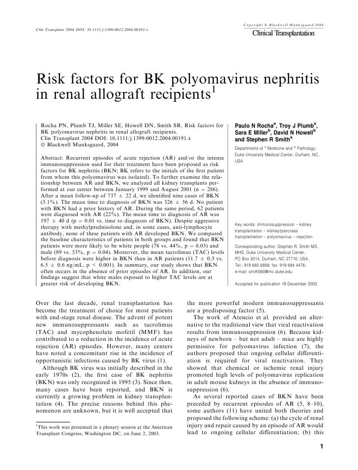 Risk Factors For Bk Polyomavirus Nephritis In Renal Allograft Recipie