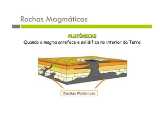Rochas Magmáticas
                   PLUTÓNICAS
Quando o magma arrefece e solidifica no interior da Terra




                   Rochas Plutónicas
 