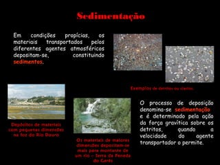 Sedimentação
  Em    condições    propícias,    os
  materiais   transportados     pelos
  diferentes agentes atmosféricos
  depositam-se,         constituindo
  sedimentos.



                                                     Exemplos de detritos ou clastos.


                                                         O processo de deposição
                                                         denomina-se sedimentação
                                                         e é determinado pela ação
 Depósitos de materiais                                  da força gravítica sobre os
com pequenas dimensões                                   detritos,     quando      a
  na foz do Rio Douro                                    velocidade    do     agente
                           Os materiais de maiores
                           dimensões depositam-se
                                                         transportador o permite.
                           mais para montante de
                          um rio – Serra da Peneda
                                  do Gerês
 