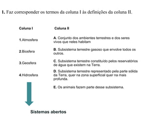 1. Faz corresponder os termos da coluna I às definições da coluna II.


         Coluna I           Coluna II

                           A. Conjunto dos ambientes terrestres e dos seres 
         1.Atmosfera
                           vivos que neles habitam

                           B. Subsistema terrestre gasoso que envolve todos os 
         2.Biosfera
                           outros.

                           C. Subsistema terrestre constituído pelos reservatórios 
         3.Geosfera
                           de água que existem na Terra.
                           D. Subsistema terrestre representado pela parte sólida 
         4.Hidrosfera      da Terra, quer na zona superficial quer na mais 
                           profunda.

                           E. Os animais fazem parte desse subsistema.




                Sistemas abertos
 