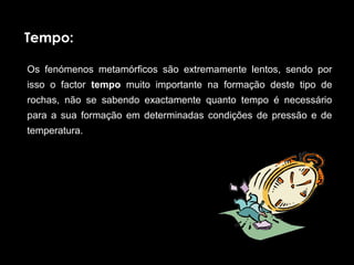 Tempo:

Os  fenómenos  metamórficos  são  extremamente  lentos,  sendo  por 
isso  o  factor  tempo  muito  importante  na  formação  deste  tipo  de 
rochas,  não  se  sabendo  exactamente  quanto  tempo  é  necessário 
para  a  sua  formação  em  determinadas  condições  de  pressão  e  de 
temperatura. 
 