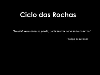 Ciclo das Rochas

“Na Natureza nada se perde, nada se cria, tudo se transforma”.

                                          Princípio de Lavoisier
 