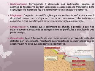  Sedimentação: Corresponde à deposição dos sedimentos, quando os
  agentes de transporte perdem velocidade e capacidade de transporte. Esta
  acumulação de materiais faz-se normalmente em camadas ou estratos.

 Diagénese: Conjunto de modificações que um sedimento sofre desde que é
  depositado numa zona até que se transforma numa numa rocha sedimentar
  compacta. Estas modificações envolvem compactação e cimentação.

 Compactação: À medida que o sedimento se afunda, a pressão a que fica
  sujeito aumenta, reduzindo os espaços entre as partículas e expulsando uma
  parte da água.

 Cimentação: Leva à formação de uma rocha coroente, através da união dos
  detritos por um cimento, resultante da precipitação de substâncias que se
  encontravam na água que empapava os sedimentos.
 